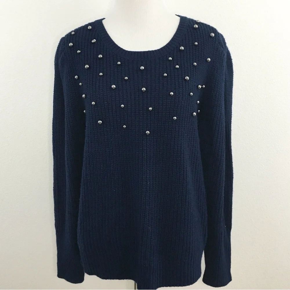 a.n.a. | Navy Sweater with Round Gun Metal Bead Details